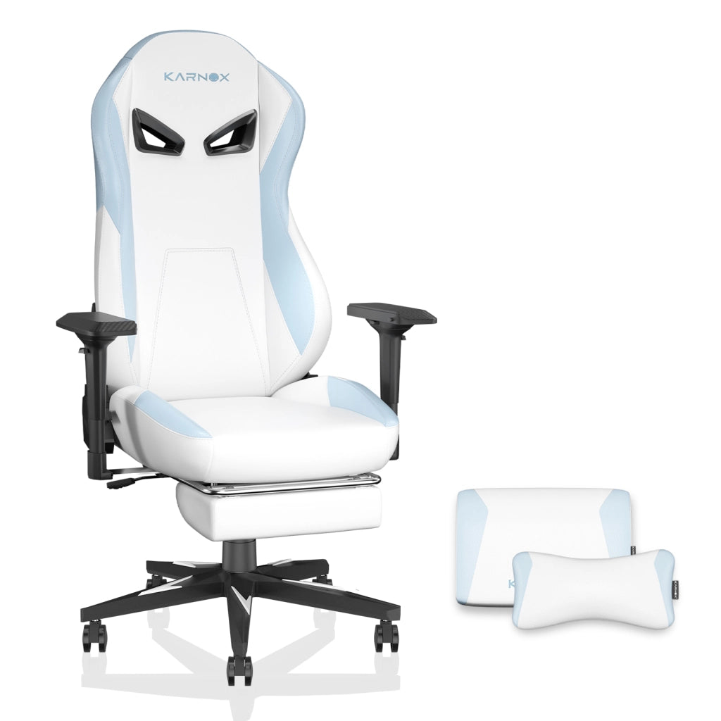 Sedia da gaming ergonomica con poggiapiedi, supporto lombare e braccioli 4D in PU bianco blu