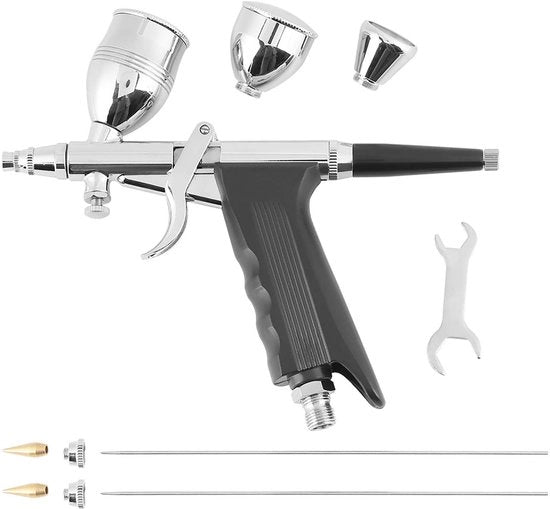 Set di pennelli ad aria - Disegno diviso - Bocchette 0,3/0,5/0,8 mm - Tre misure ciotole - Per modelli di colore/abbigliamento in pelle - Spennellamento efficace - Pistola ad aria