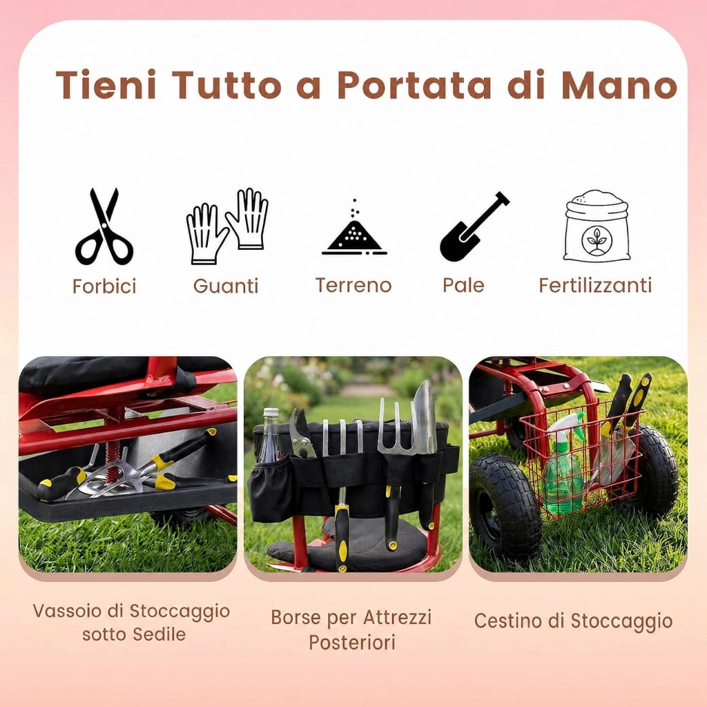 Carrello da Giardino, Sgabello con Ruote Girevole a 360°, Cuscino Imbottito, Schienale, Cestino, Tasca e Vassoio Porta Attrezzi, Carriola da Giardino e Cortile, 96 x 46 x 78-87 cm (Rosso)