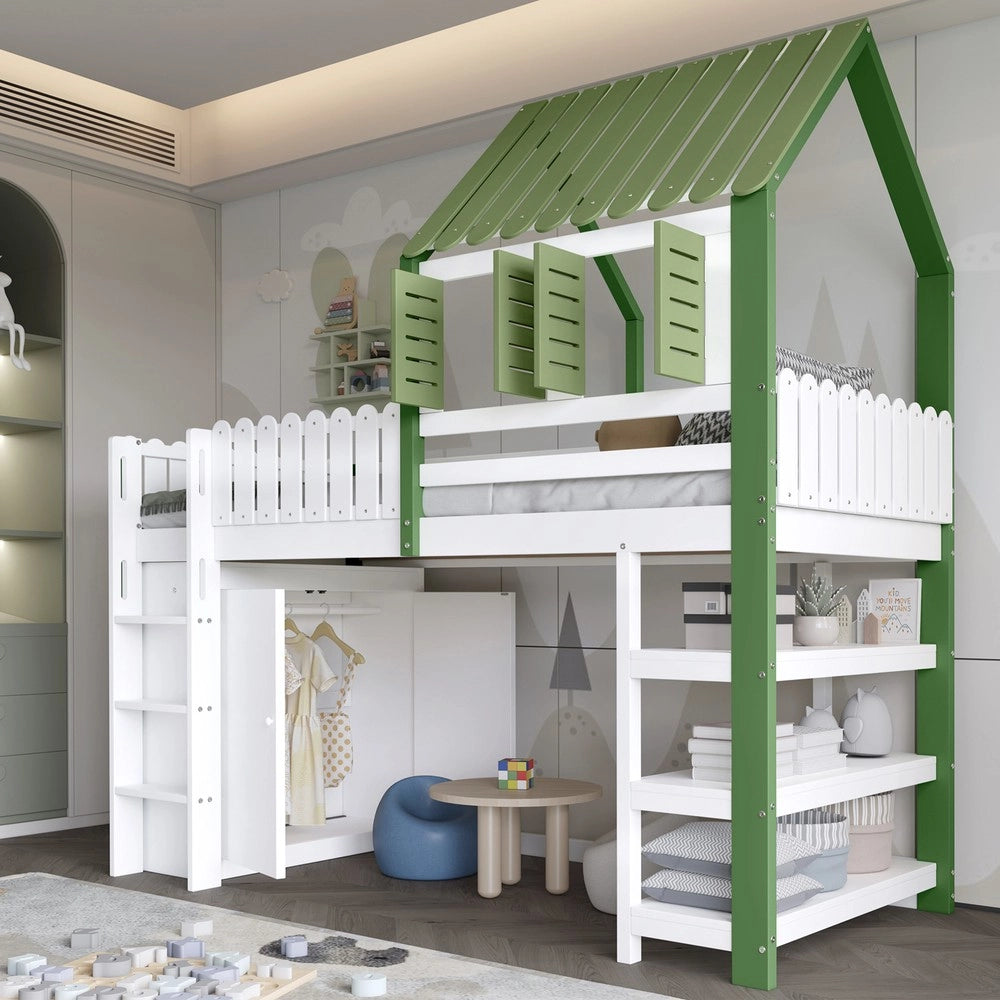 Letto a Soppalco per Bambini con Armadio, Rete a Doghe e Scala ¨C MINIMAL ¨C Pino/MDF, Bianco e Verde, 90x200