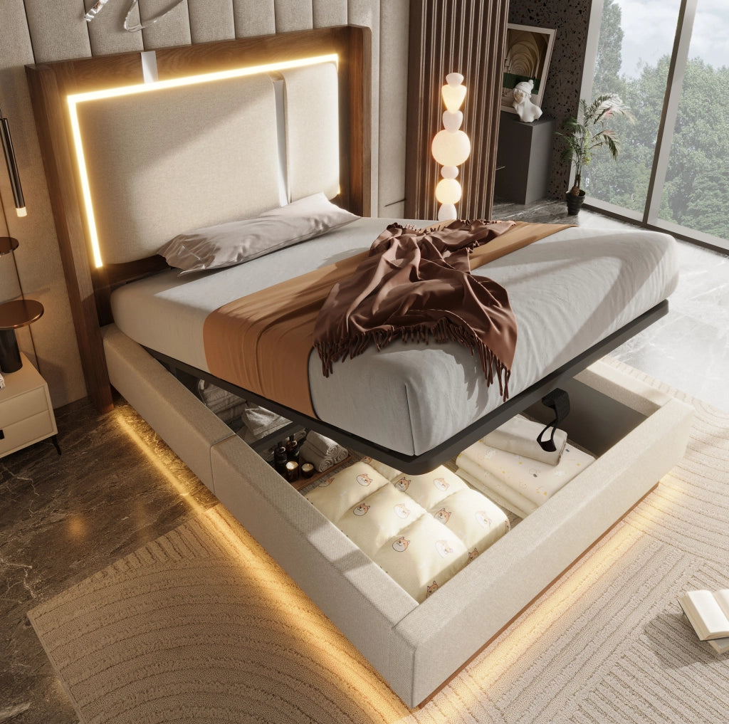 Letto singolo contenitore 90x200 cm con LED e rete a doghe in lino beige e noce HOMVRA