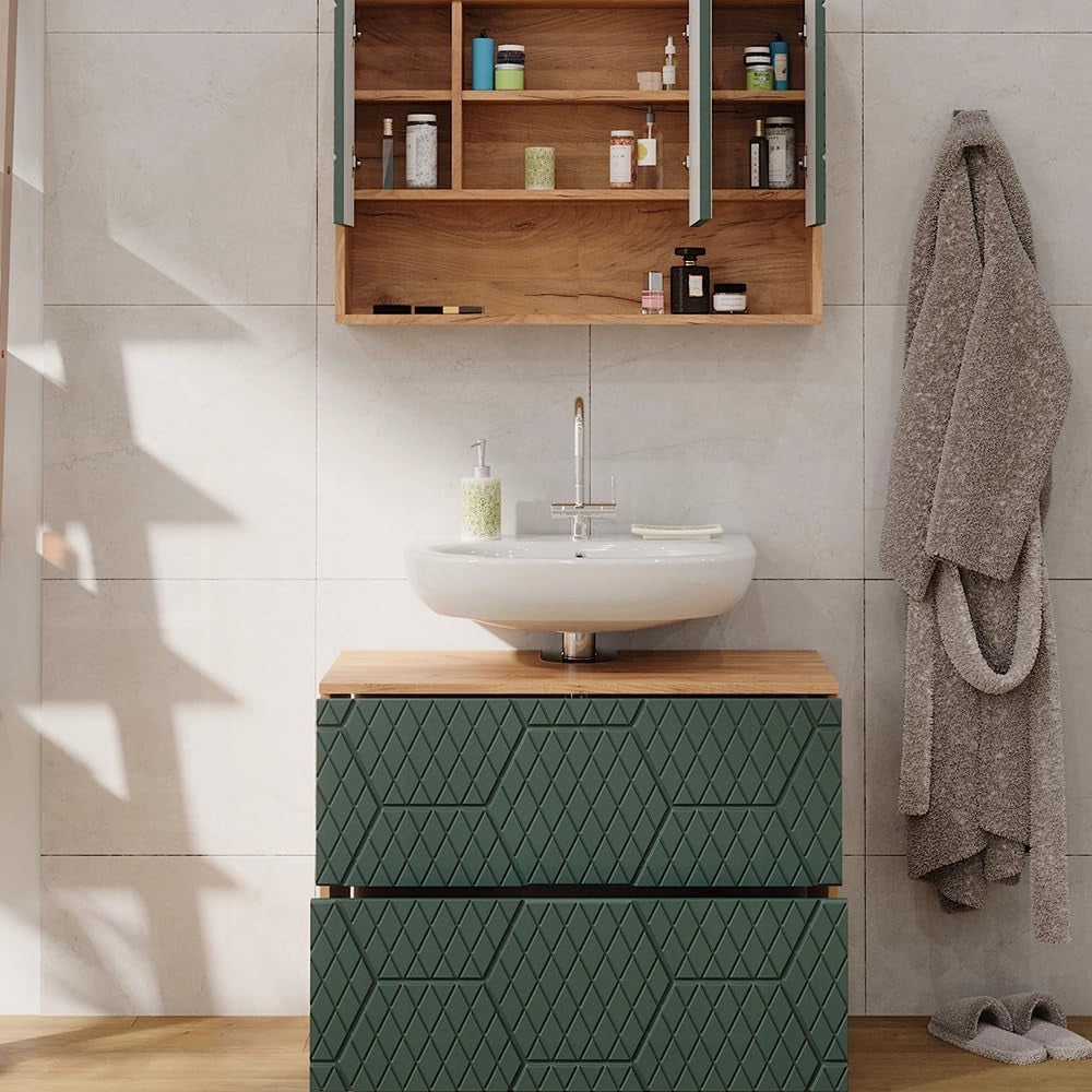 Set mobili bagno Irma, Quercia verde/oro, 80 cm, composto da specchio da bagno e mobile sottolavabo