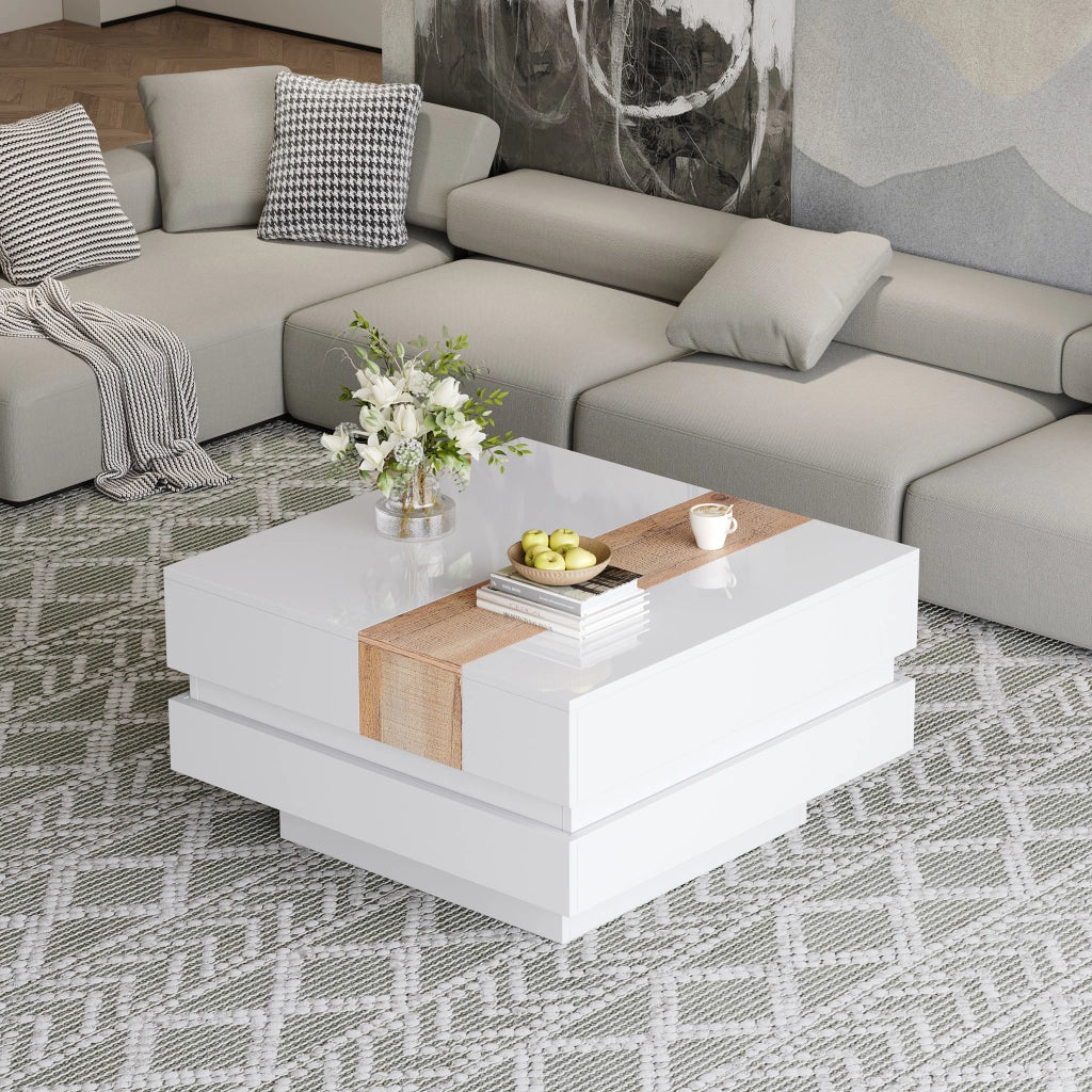 Tavolino Da Salotto Quadrato con Piano Scorrevole; Vano Contenitore Nascosto a 2 Scomparti; Bianco Lucido; in Pannello Truciolare; 70×70×39 cm