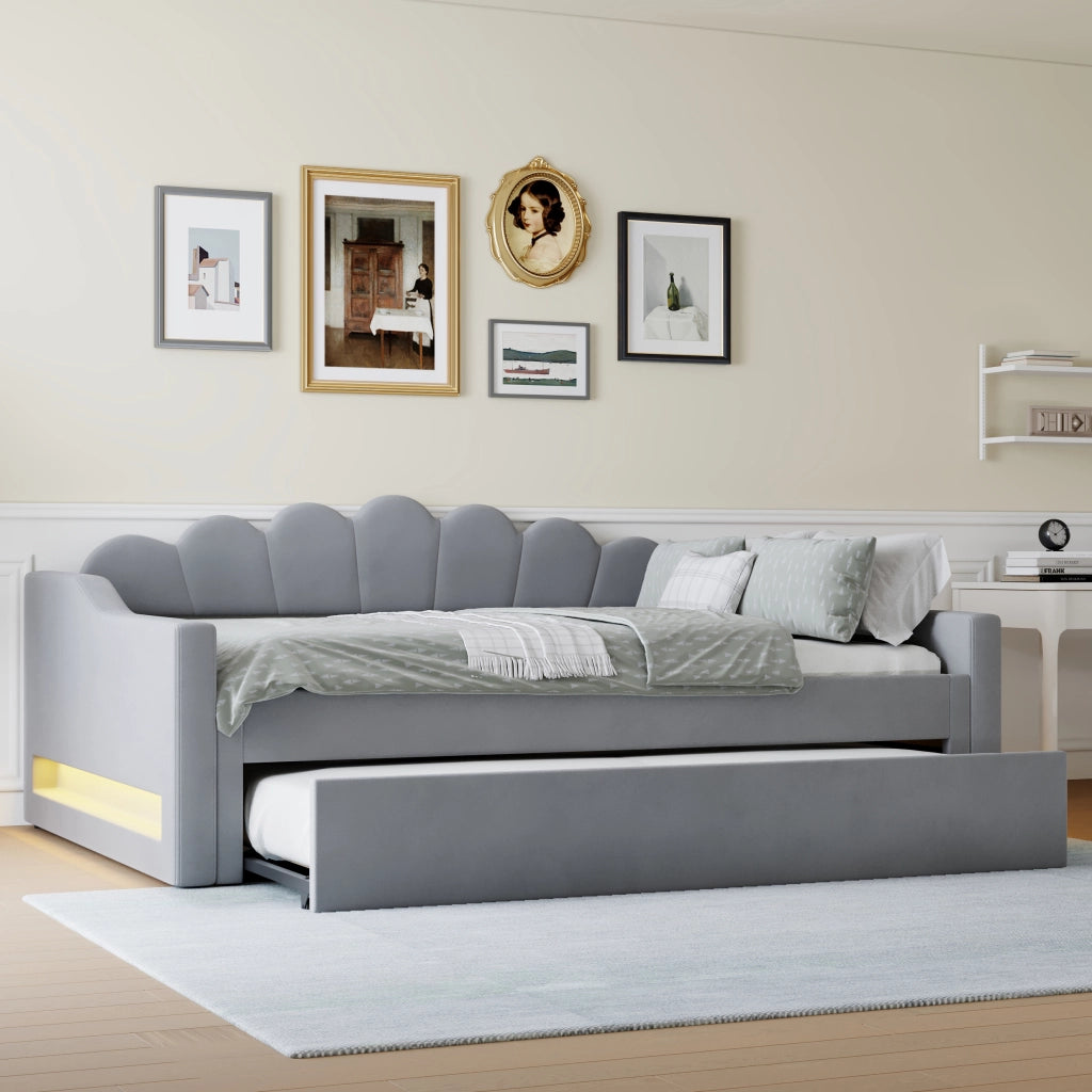Letto a Divanetto 140 x 200 cm con Letto Estraibile e LED Regolabile - Grigio