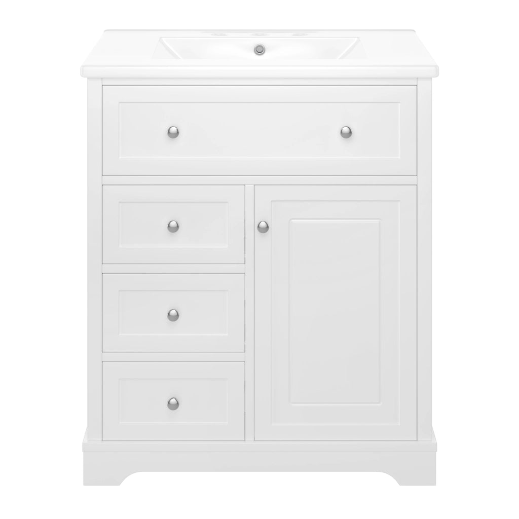 Mobile bagno con lavabo integrato 76¡Á46¡Á87 cm, bianco, freestanding, MDF laccato, 3 cassetti silenziosi, anta e lavabo in ceramica.