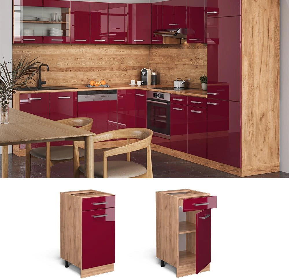 Mobiletto base per cucina R-Line, Rosso lucido, 40 cm senza piano di lavoro, per la libera combinazione all'interno di sistemi cucina modulari