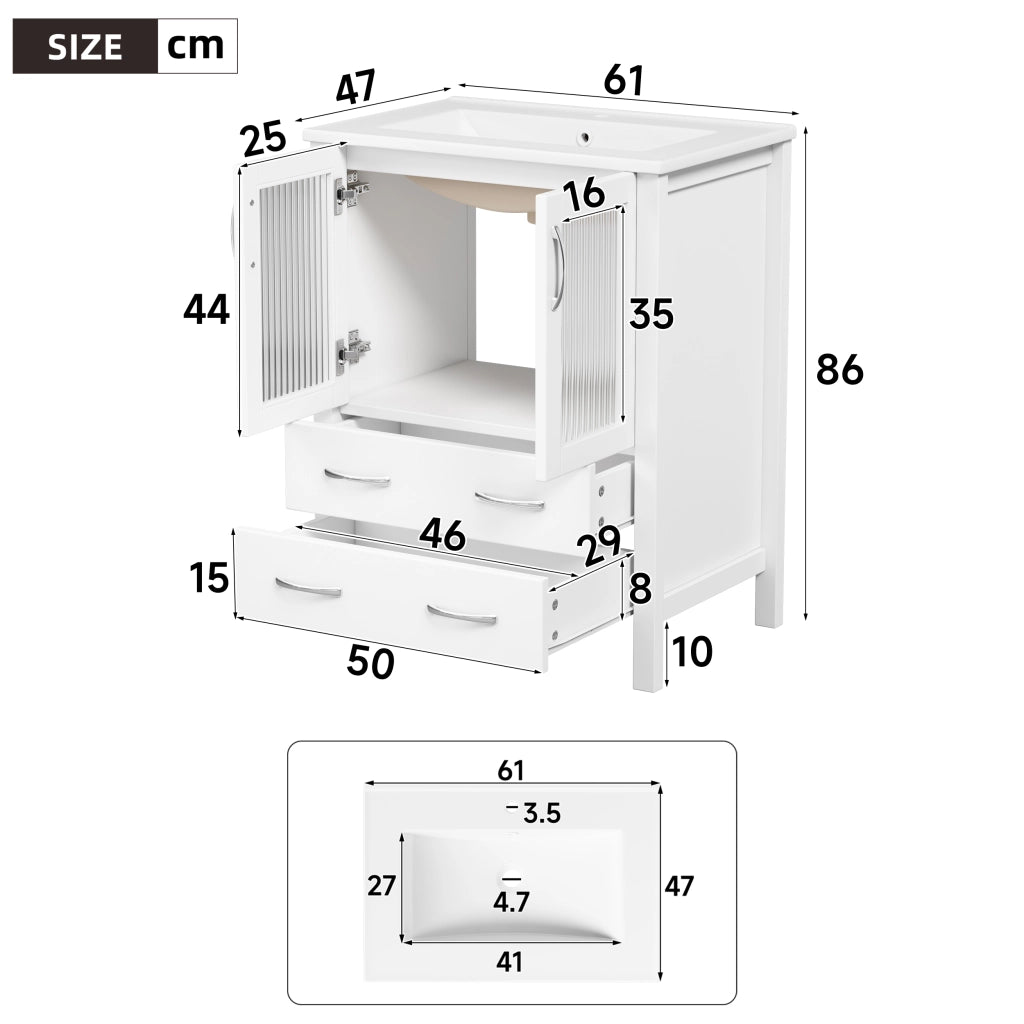 Mobile sottolavabo con 2 cassetti e lavabo in ceramica - per bagno - 61x47x86 cm - bianco
