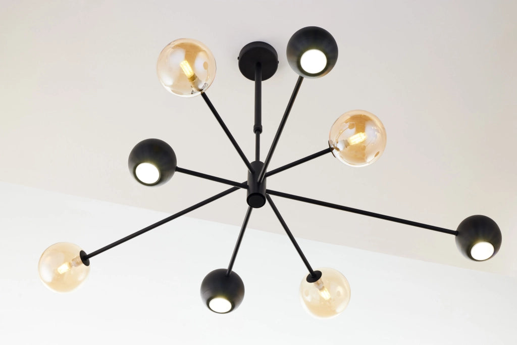 Lampadario moderno nero sfere vetro ambra 8 luci Jupiter