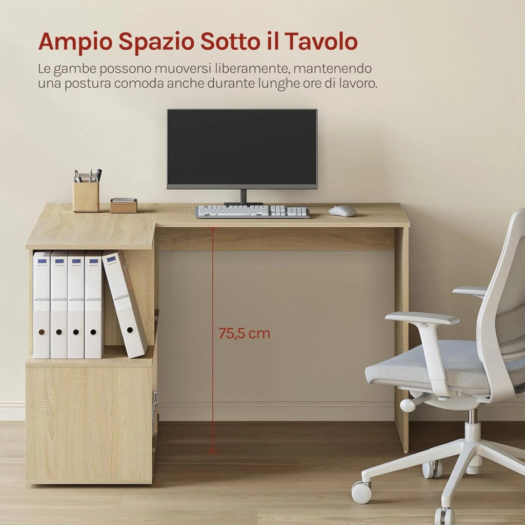 Scrivania Angolare a Forma di L con Libreria, 120x100x75 cm, Scrivania Ufficio per Computer, Tavolo da Lavoro, Studio and Soggiorno, Rovere Chiaro
