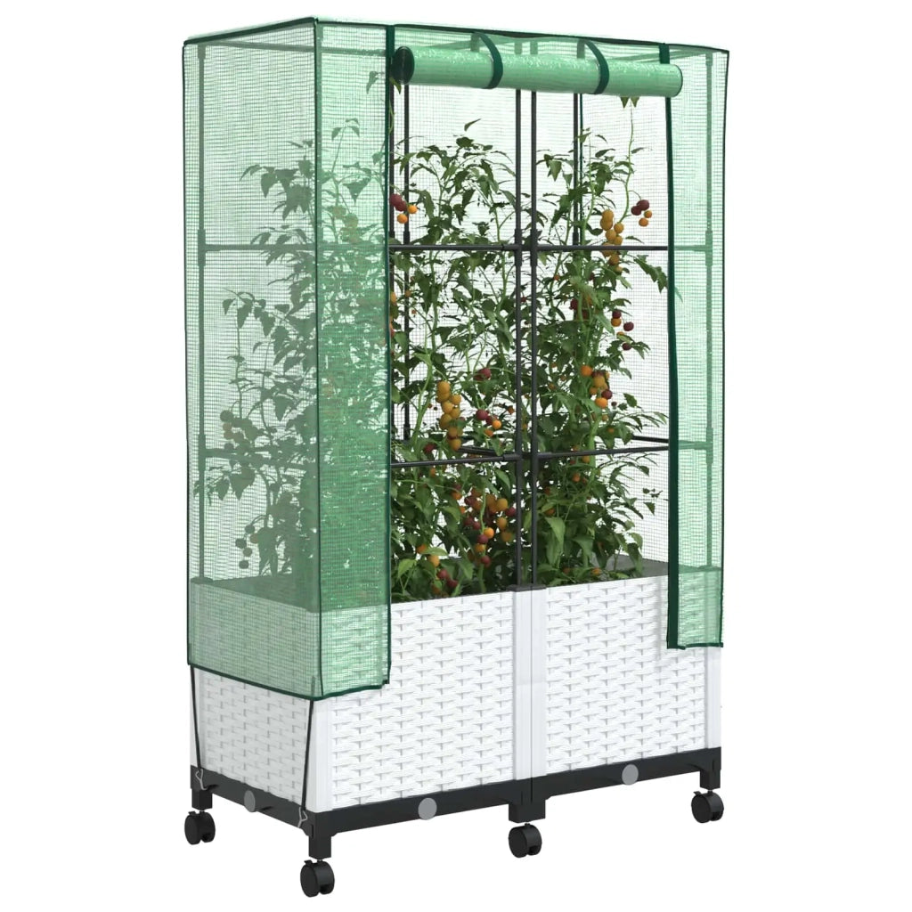 Vaso da Giardino con Copertura per Serra e Ruote 2 pz Bianco PP 3422983