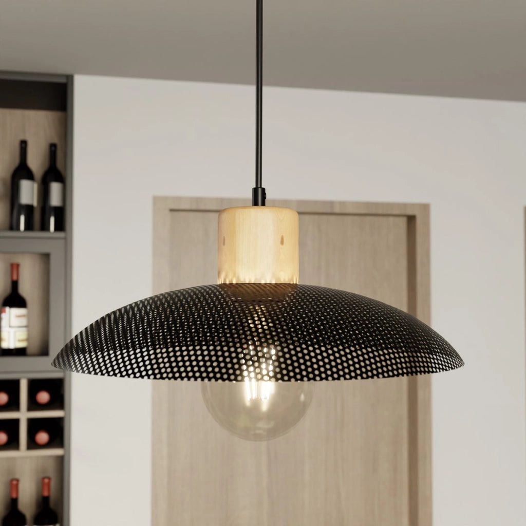 Lampada a sospensione KOBE in acciaio nero e legno naturale