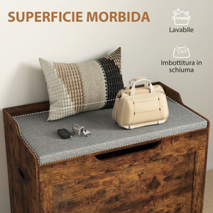 Panca Contenitore da 103L Multifunzione 75x40x56 cm color Legno con Cuscino in Tessuto Grigio