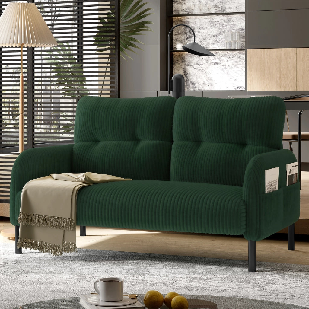 DIVANO 2 posti in corduroy verde smeraldo con tasca laterale, 120 x 75 x 79 cm
