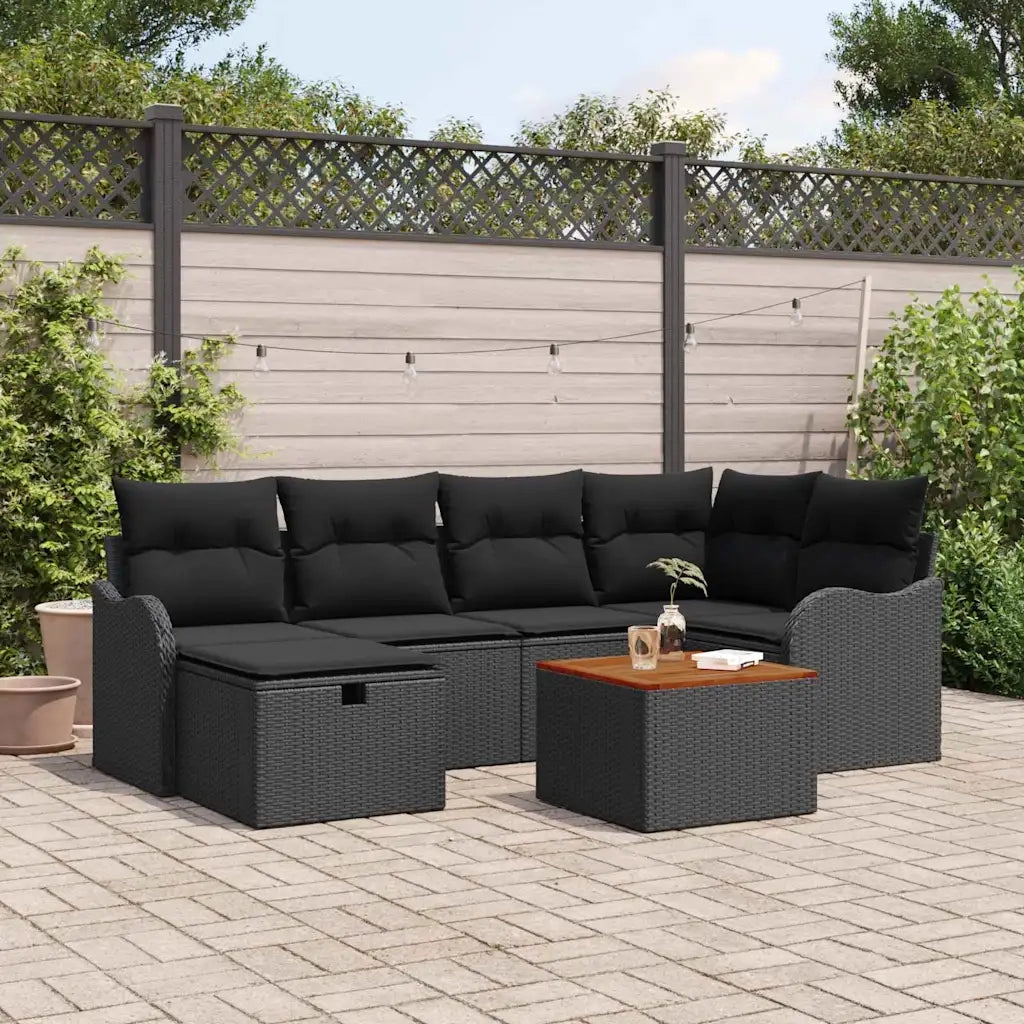 Set Divano da Giardino con cuscino 7 pcs Nero polyrattan