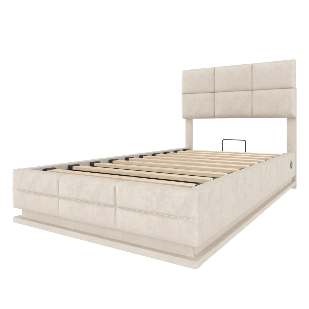 Letti contenitori 90x200 cm; testiera regolabile con LED e USB; velluto beige (Senza materasso)