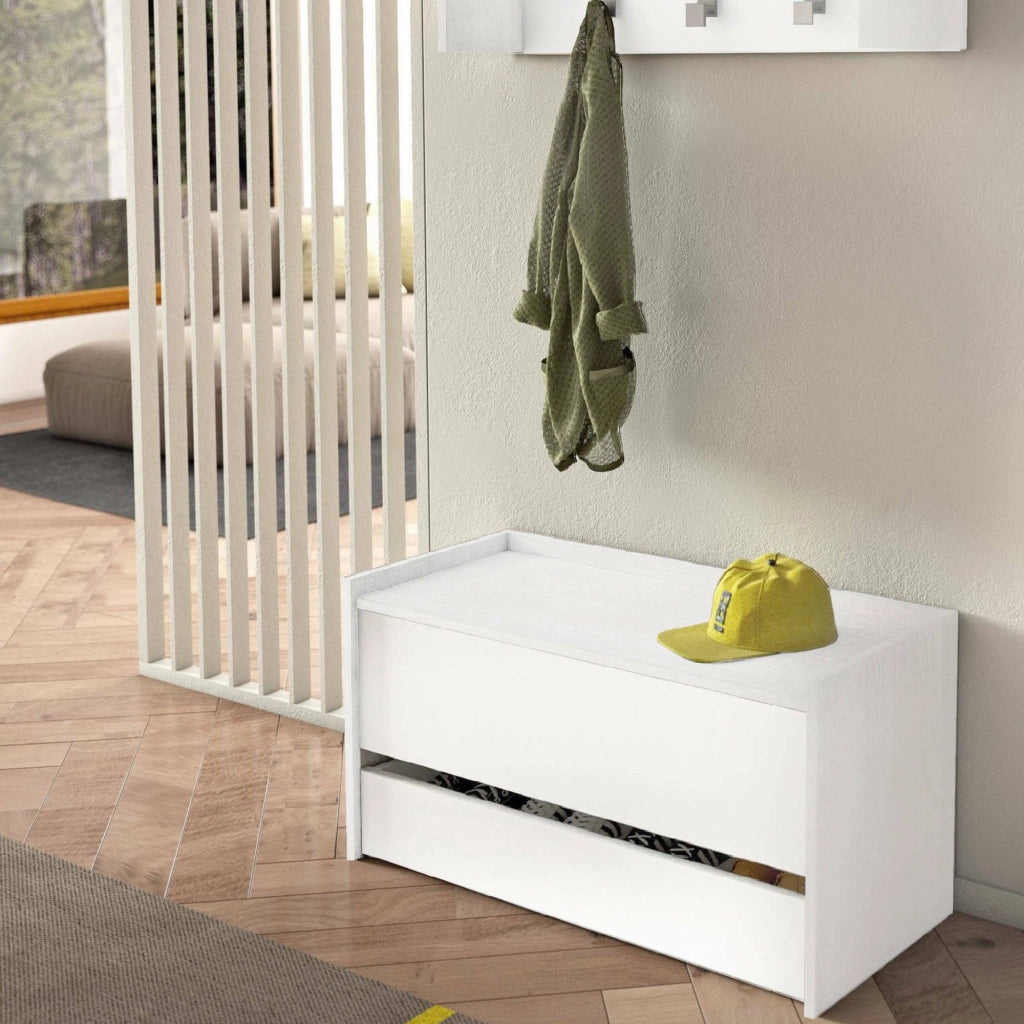 Cassapanca Sogno, Mobile da ingresso moderno con scarpiera, Cassapanca baule con due contenitori, 100% Made in Italy, 90x40h46 cm, Bianco