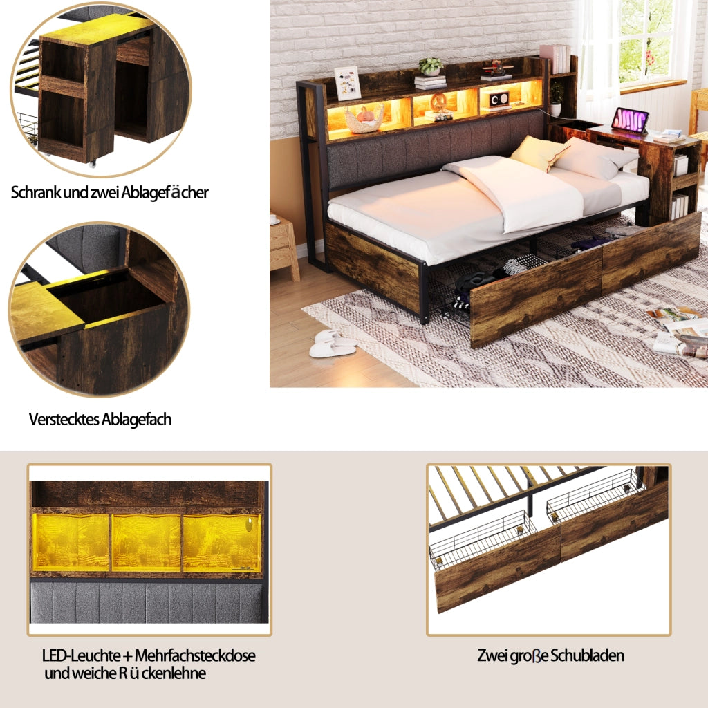 LETTO multifunzione 90x200 cm in metallo e legno, colore legno naturale