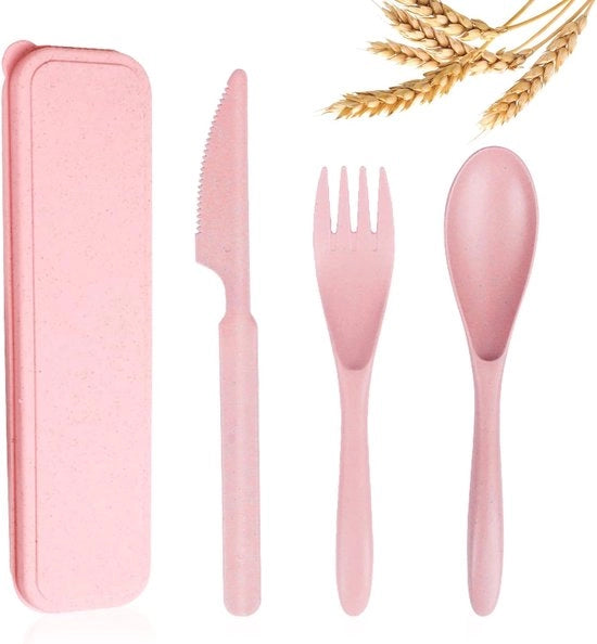 Set di utensili da viaggio riciclabile con valigetta, strofinato di taro, coltello portatile, forchetta, cucchiai, posate, servizio da tavola ecosostenibile in plastica BPA-free per bambini e adulti, viaggi, picnic, campeggio, posate (1 pezzo) - rosa