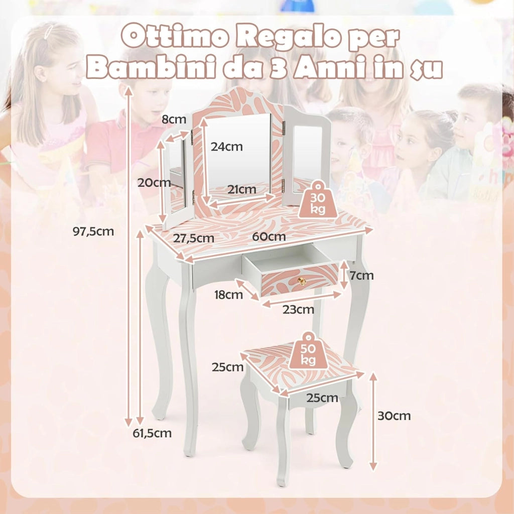 2 in 1 Toeletta Trucco con Sgabello per Bambini, Tavolo da Trucco con Cassetto con 3 Specchi Pieghevole, Specchio Rimovibile, 3 Anni +
