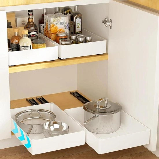 Organizzatore di Cucina - 2 Scomparti Scorrevoli Cucina Fissa Con Foglio di Protezione Nano - Per Cucina Sala da Pranzo e Bagno - Bianco.