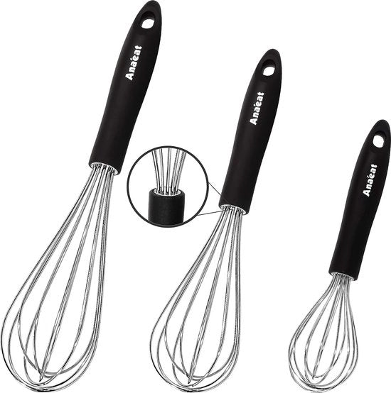 Set di tre gare in acciaio inossidabile, set di protezione per padelle, filo spesso e maniglie robuste, gara per cucinare, bollire, mescolare, gara, battere e mescolare (3 misure)