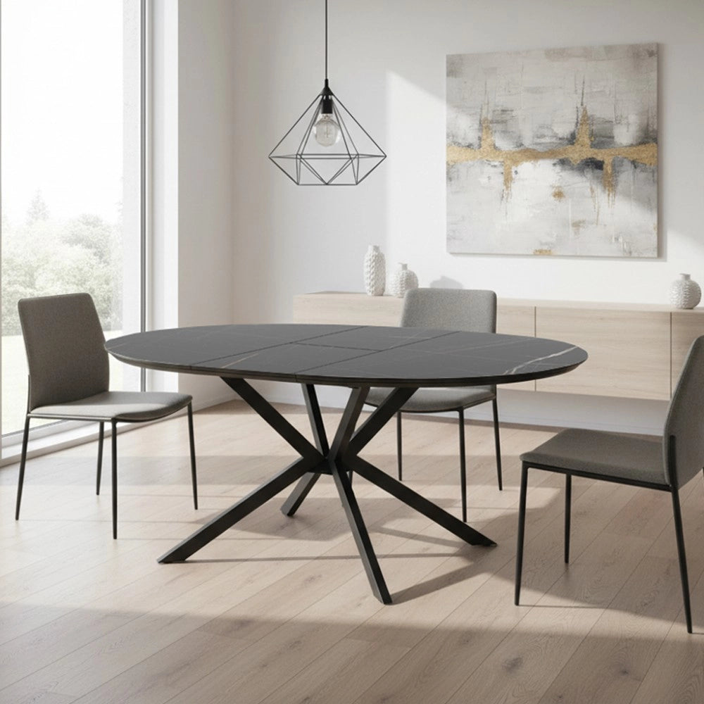 Tavolo rotondo allungabile Dobok piano effetto marmo nero con dettagli oro lucido 126x126x76H