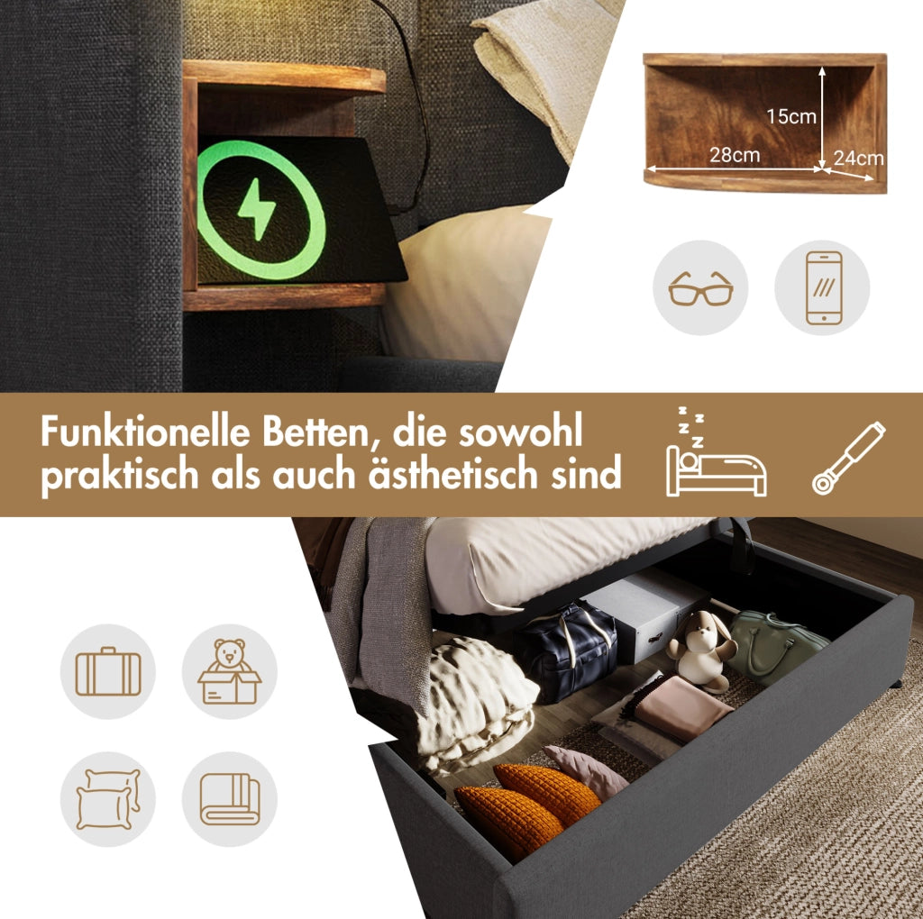 Letto matrimoniale contenitore 160x200 con lampada USB-C