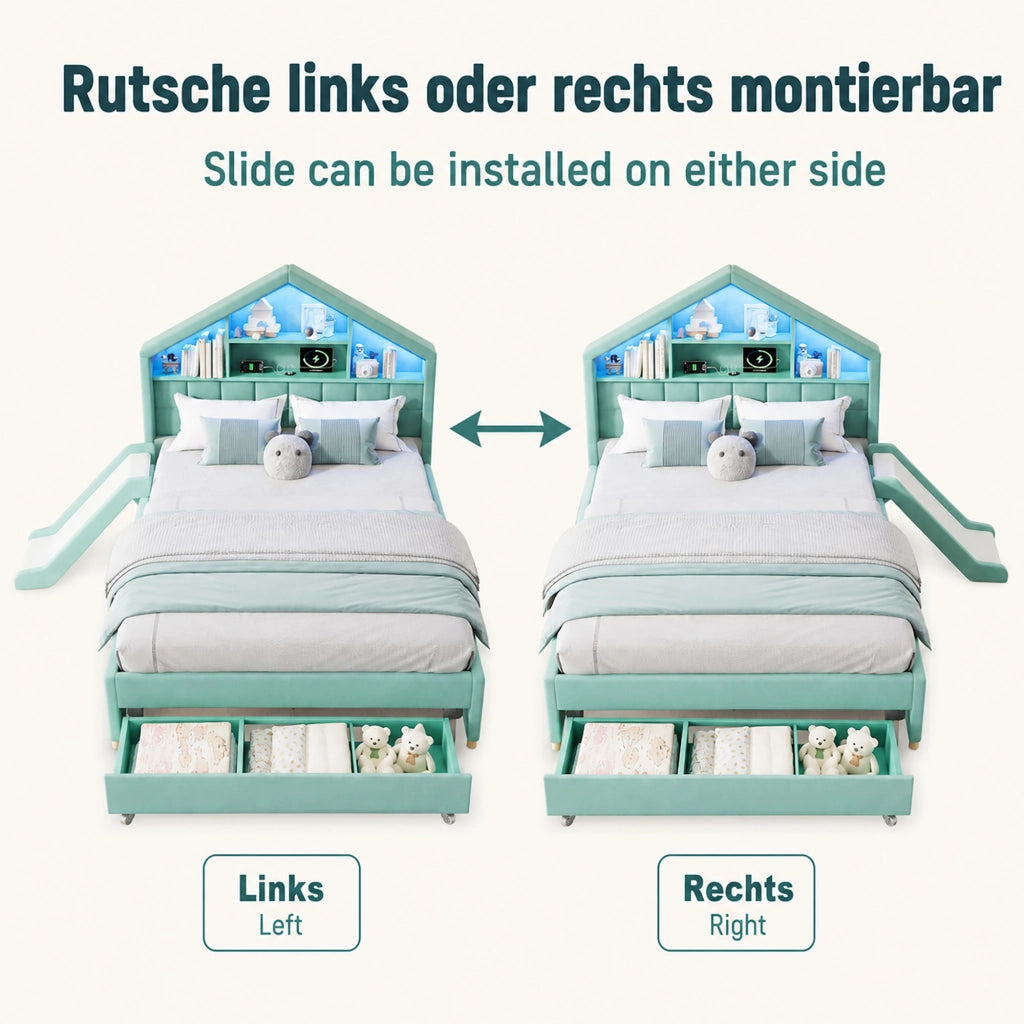 Letto a casetta per bambini 140 × 200 cm con scivolo reversibile, LED e presa, senza materasso, in velluto blu verde