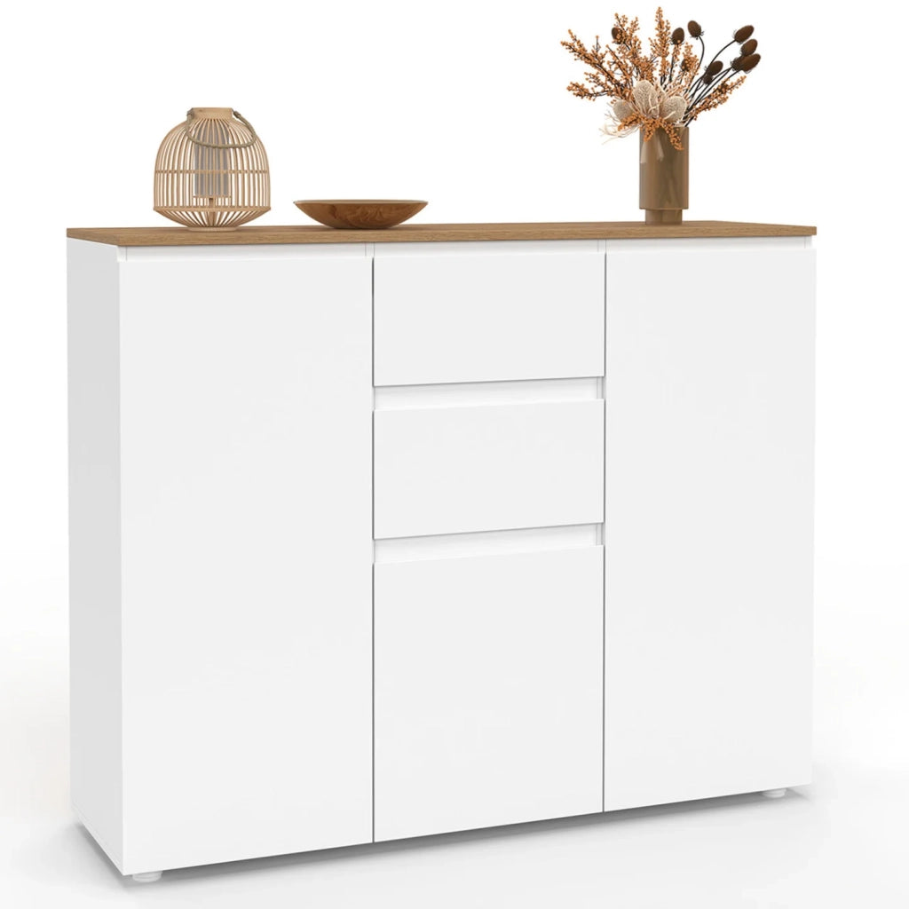 IDMarket - Credenza TOBY 100 cm con 3 ante, 2 cassetti bianchi e piano in legno