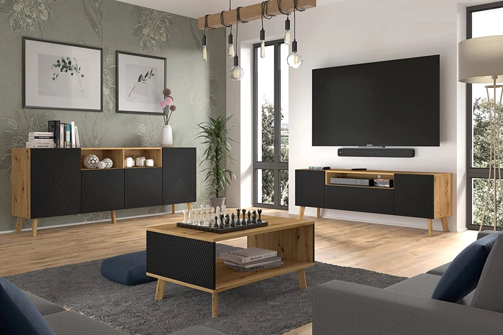 MOBILE CASSETTIERA SOGGIORNO LUXI 195x42x80cm ROVERE NERO OPACO