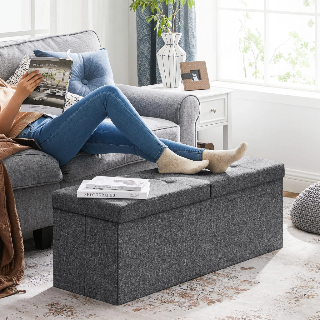 Pouf contenitore Valora PUFA in tessuto MDF grigio scuro salvaspazio
