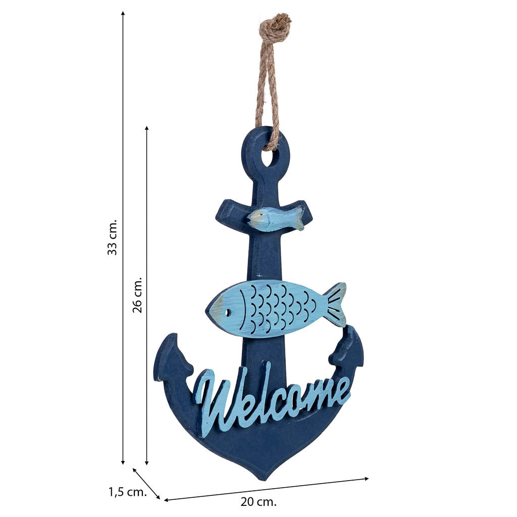 Figura decorativa da appendere a forma di ancora in legno blu, 20x1.5x33h cm
