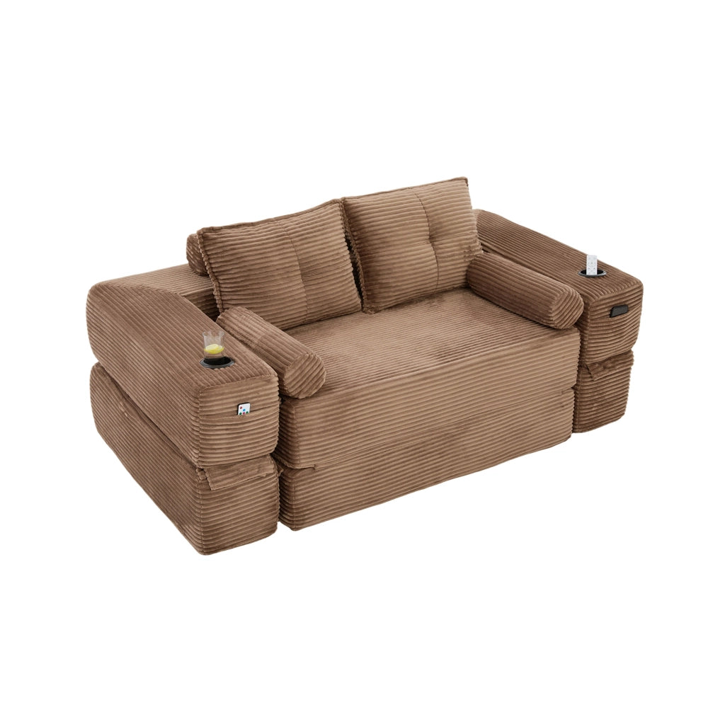 Divano letto modulare in velluto a coste marrone 180 cm
