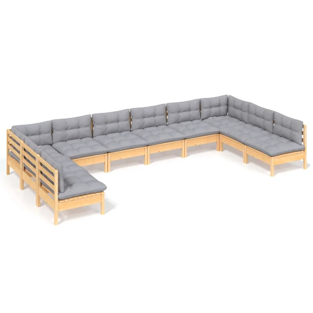 Set Divani da Giardino 10 pz con Cuscini Grigi Massello di Pino 3097186