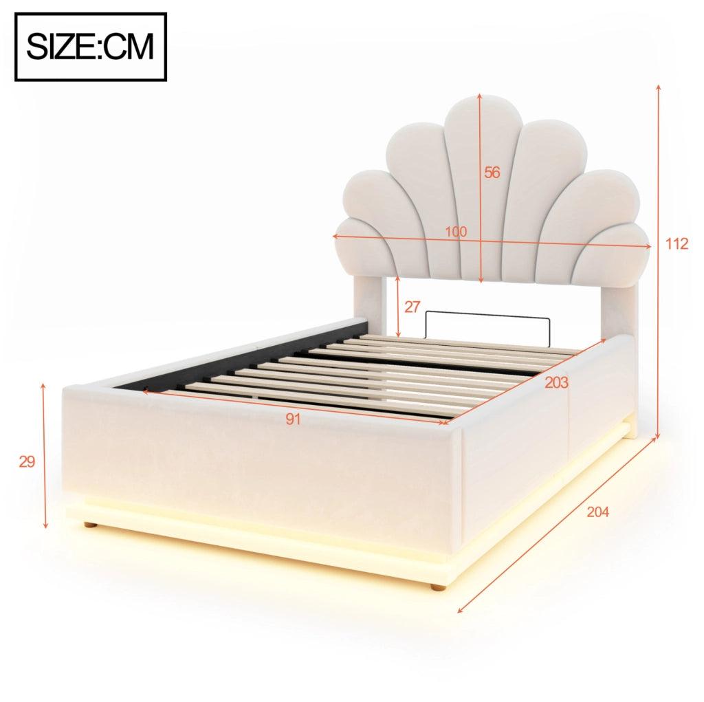 Letto imbottito 90x200 cm in velluto beige con testiera a fiore; contenitore e LED