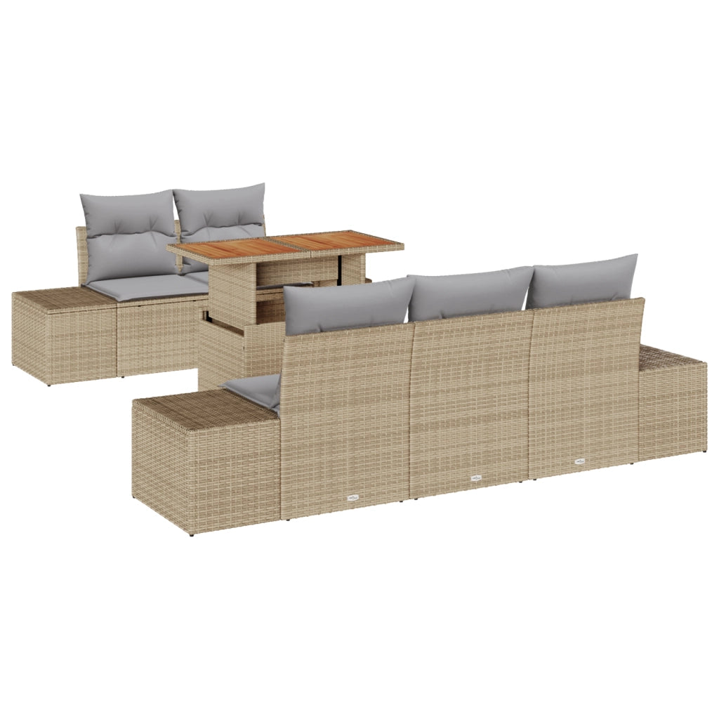 Set Giardino con Cuscini 6 Pezzi Beige Polyrattan Acacia