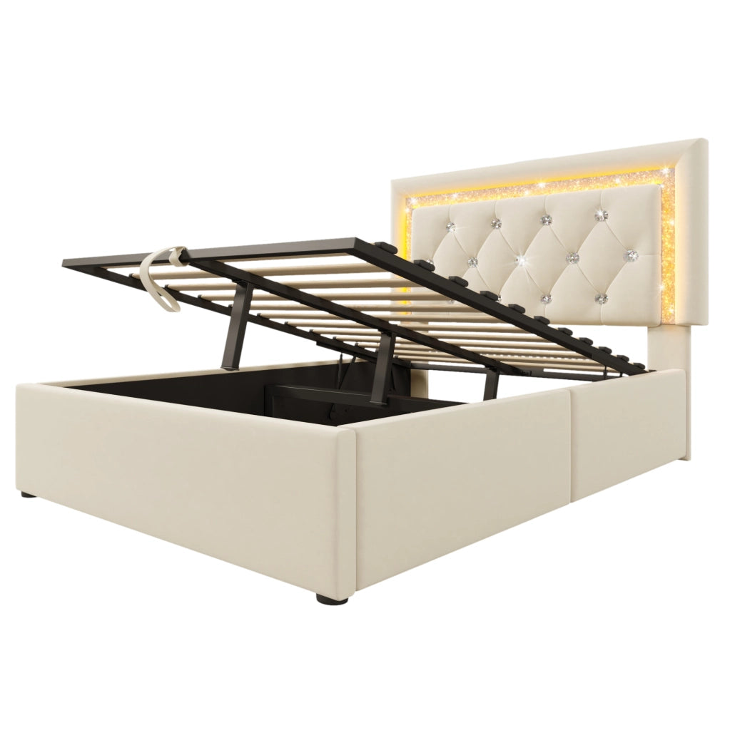 Letto singolo 90x200 cm con contenitore; LED e porta USB C; velluto beige