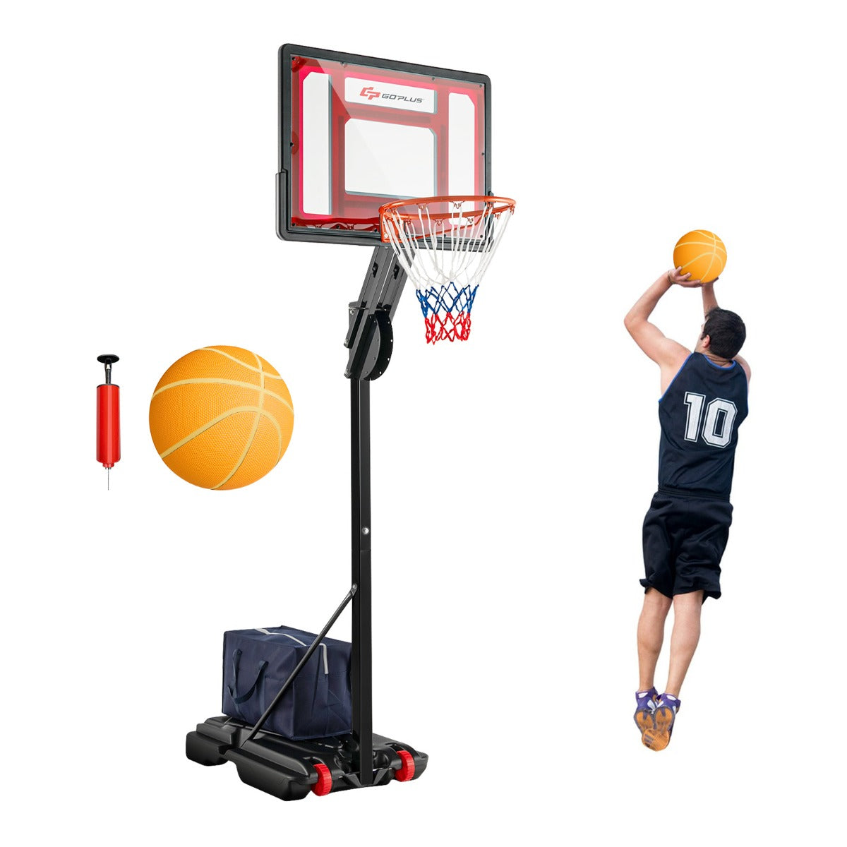 Canestro da basket moderno portatile in metallo nero con altezza regolabile da 105 a 310 cm base stabile e base zavorrata. 20_0012966