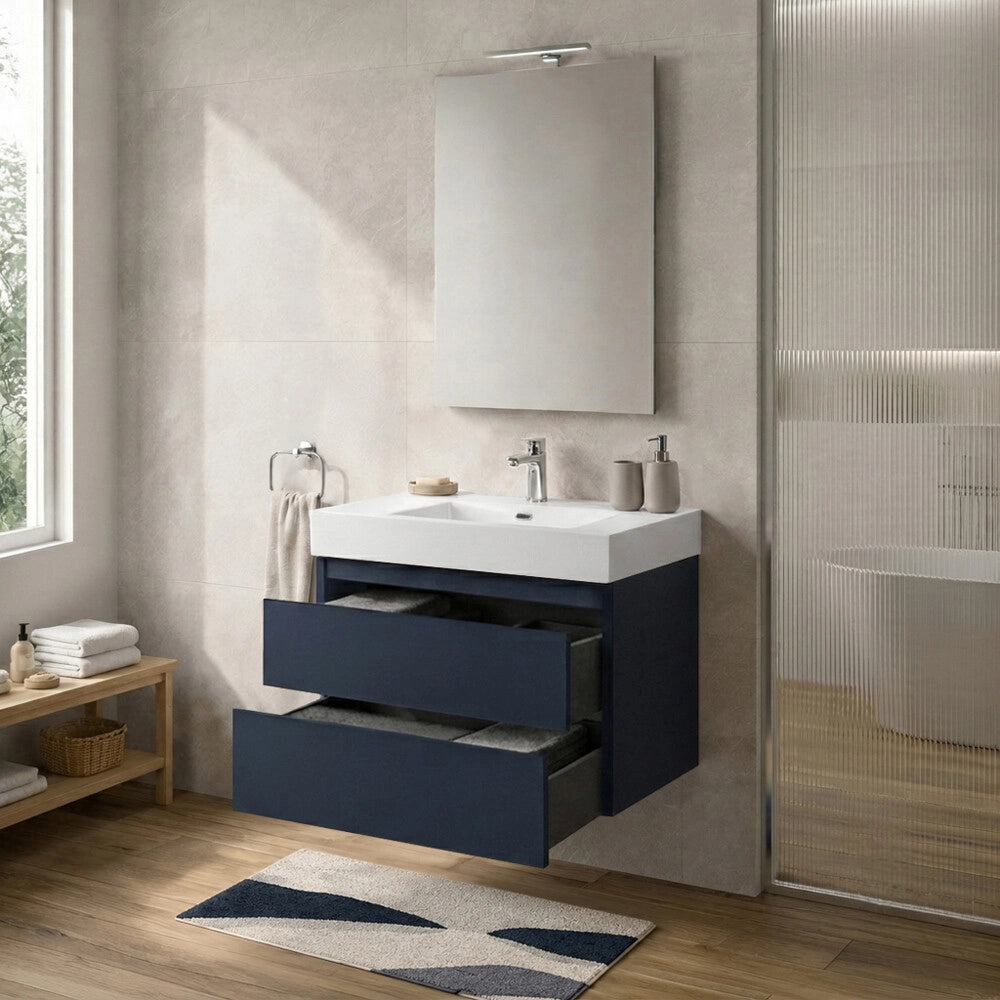 Mobile bagno sospeso 70 cm blu due cassetti push-pull e lavabo in resina Tierra
