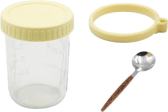 Contenitori per overnight oats con coperchi e cucchiai - Boccali in vetro - Marcature di misura - Giallo - Insalate - Yogurt - Granaglie per colazione - Adatto per bottiglie da 350 ml.