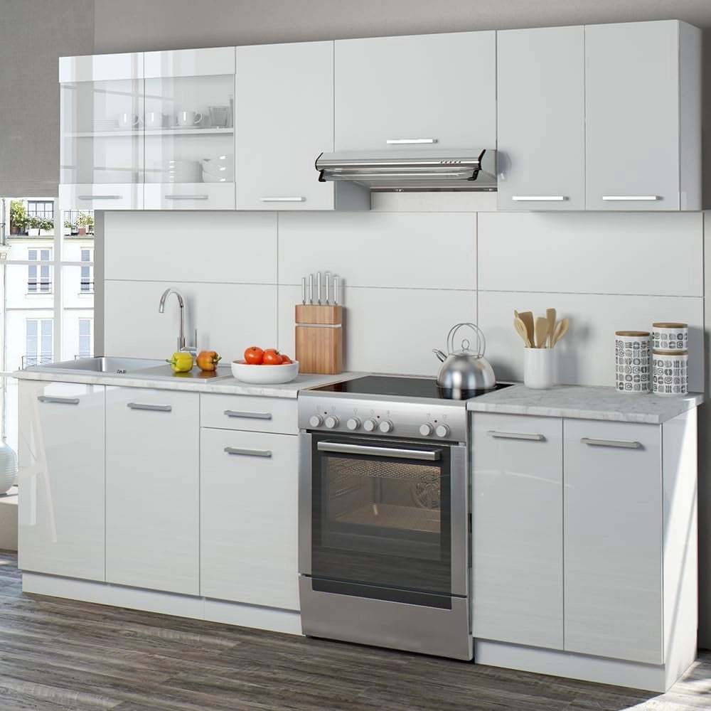 Cucina componibile Raul, Bianco lucido/bianco, 240 cm, PL Marmo, combinabile in modo flessibile con elementi modulari