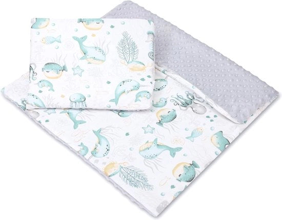 Coperta per bambini con cuscino 75 x 60 cm - Coperta Minky con cuscino 30 x 35 cm per neonati set coperte per bambini con animali acquatici