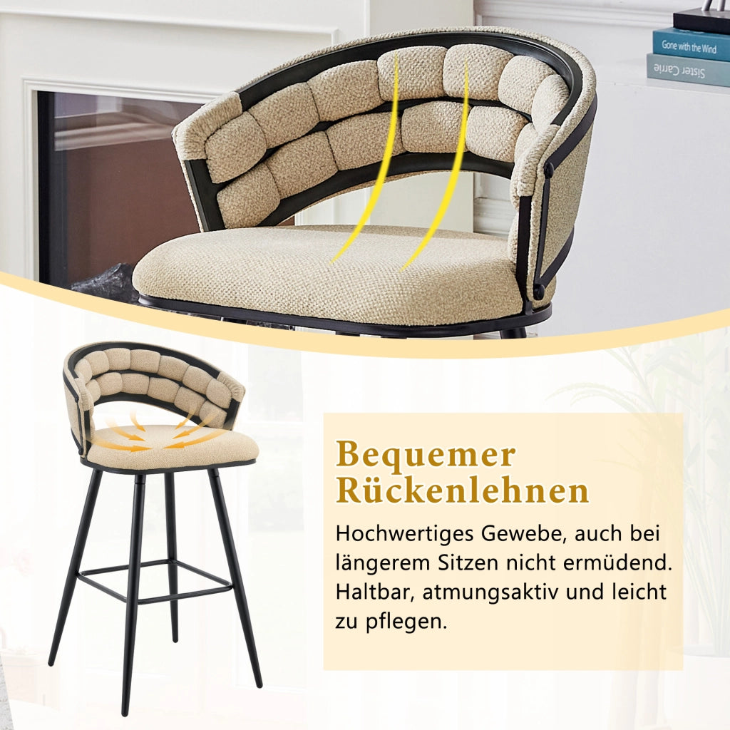 Sgabello da bar in velluto con schienale intrecciato e poggiapiedi, struttura in metallo beige nero 71 × 61 × 37 cm