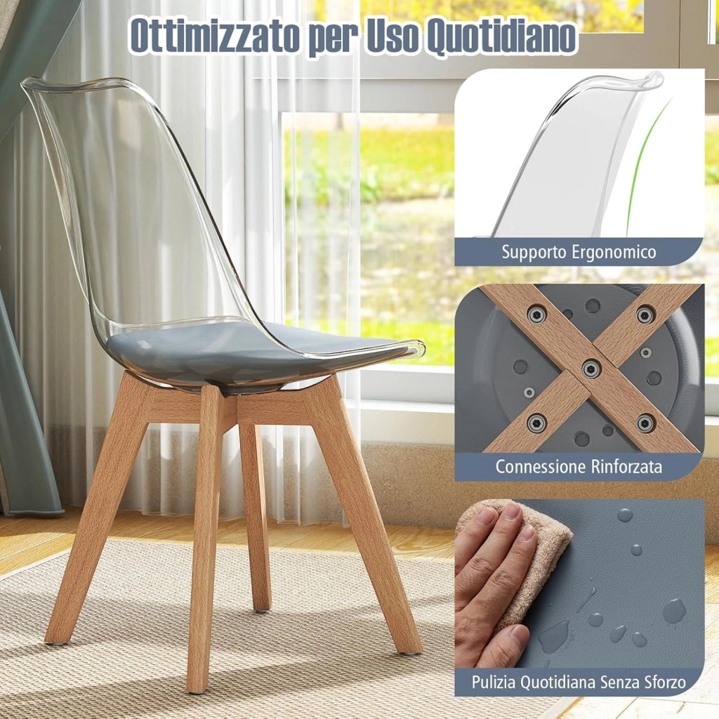 Set di 4 Sedie da Cucina Trasparenti, Sedie per Sala da Pranzo Moderne con Gambe in Legno e Seduta Imbottita, Sgabello senza Braccioli per Soggiorno e Camera da Letto, Portata 150 kg (Grigio)