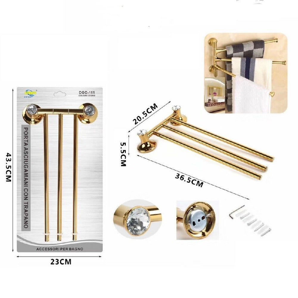Trade Shop - Porta Asciugamani Tre Aste Supporto Per Bagno Da Muro Casa Dorato Oro Dgo-111 -
