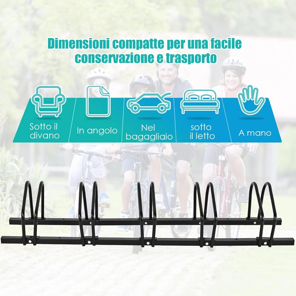 Rastrelliera per Biciclette, Portabiciclette Parcheggio Organizzatore per 4/5/6 Bici, Parcheggio per Biciclette, Telaio d'Acciaio (Nero, 5 Bici)