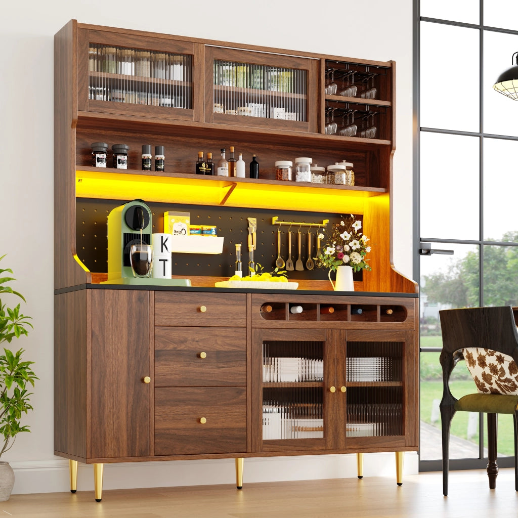Credenza Alta da Cucina con Ripiani Regolabili; LED USB e Portabicchieri; 145 x 39 x 171 cm
