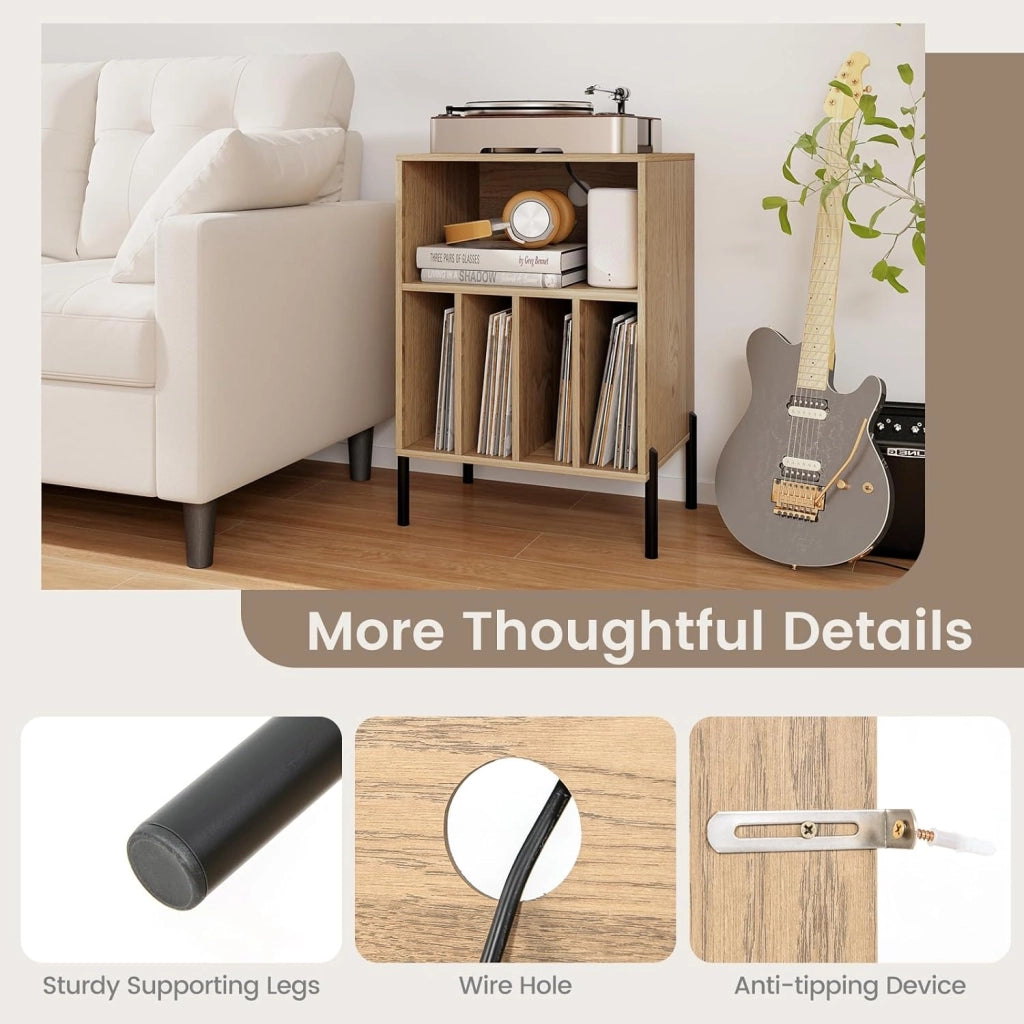 Supporto per Giradischi in Vinil con Stazione di Ricarica, Porta Dischi Vinile Vintege con 5 Scomparti Aperti, Espositore per Dischi Fino a 145 Album per Soggiorno, 53x45x78,5cm (Naturale)