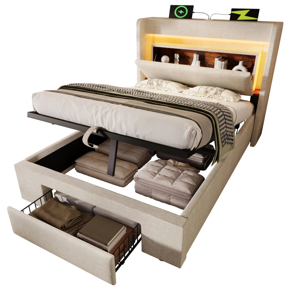 Letto contenitore 90x200 cm con LED; USB e USB C; beige; lino