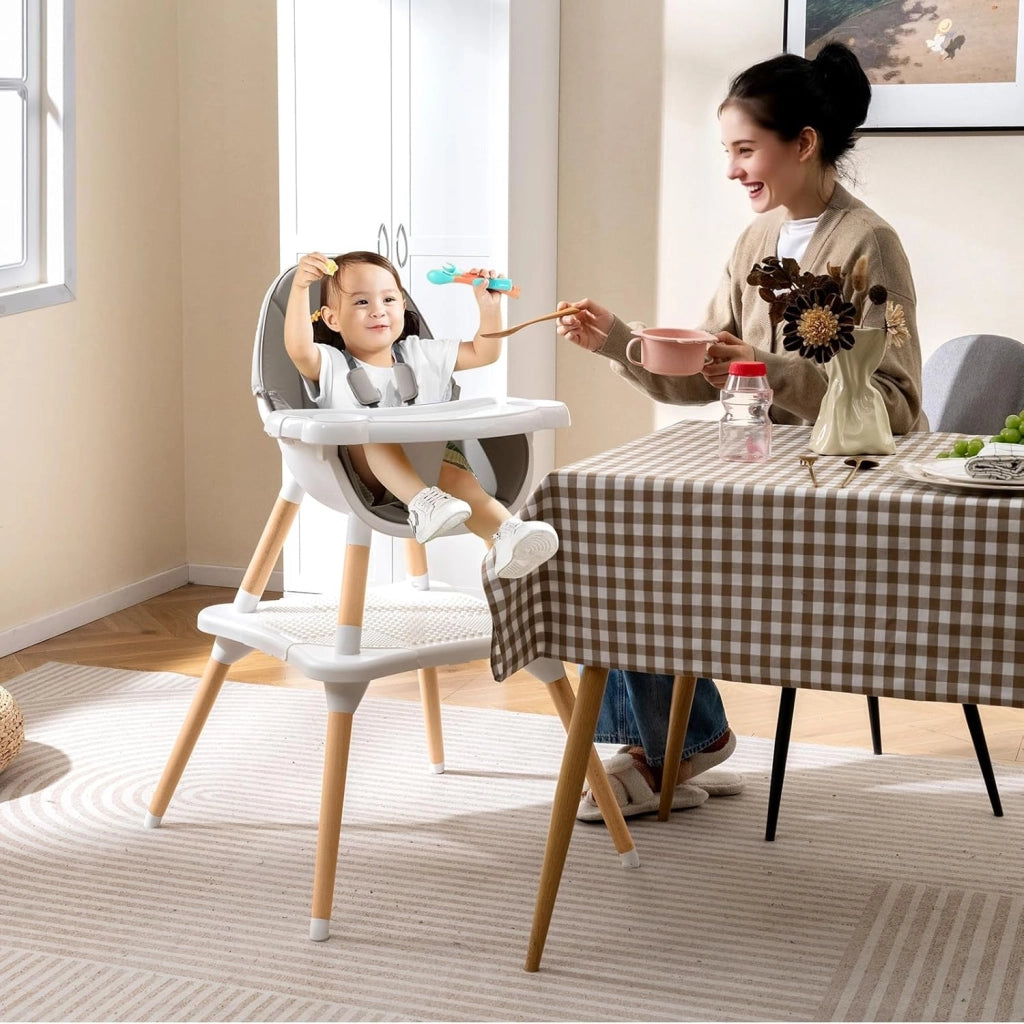 6-in-1 Seggiolone per Neonati, Seggiolone Prima Pappa, Tavolo e Sedia Convertibile per Bambini, Imbracatura di Sicurezza, Vassoio Rimovibile, per Bambini 6-36 Mesi (Grigio+Bianco)